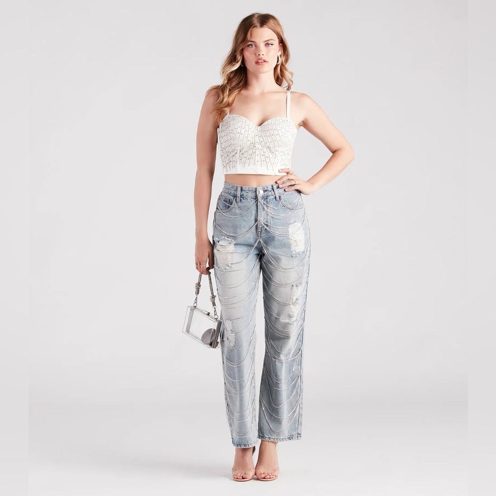 WINDSOR - Glitzy Icon Rhinestone High-Rise Draped Straight-Leg Jeans